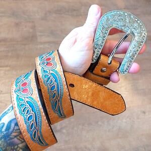 Vintage Nocona vegan Peach heart Angel wings Western Coastal belt 28 rhinestones